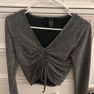 Forever 21 Silver Metallic Ruched V-Neck Crop Top